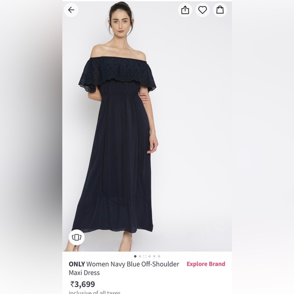 Navy blue self design off-shoulder Maxi dress; elasticated waistband size-36 - Picture 3 of 6